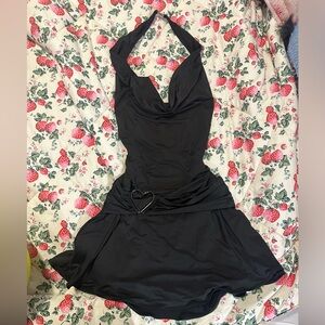 Cowl neck Black mini dress with heart belt